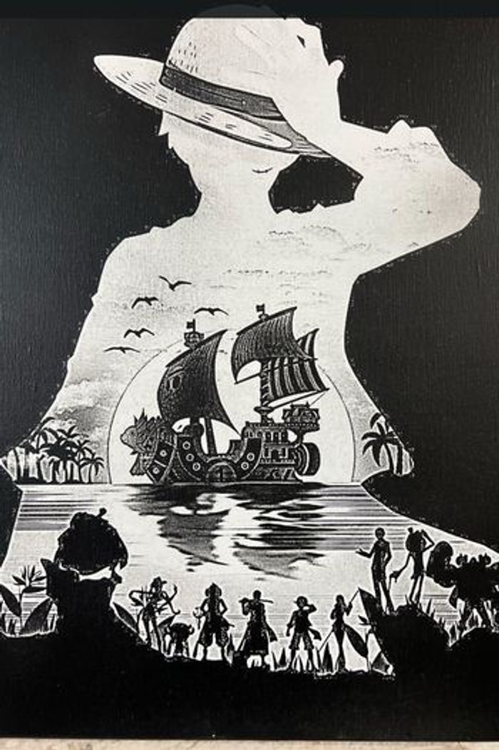 Tableau One Piece noir et blanc – Luffy et l’équipage, style silhouette en toile 30x40cm
