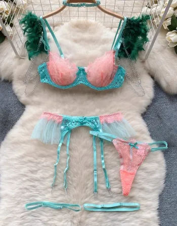 Ensemble lingerie dentelle turquoise & rose clair  – Neuf, Taille S