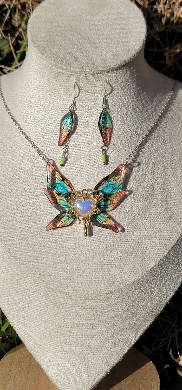 Parure elfique ensemble collier et boucles d'oreilles en argent aile de fée papillon - photo numéro 4