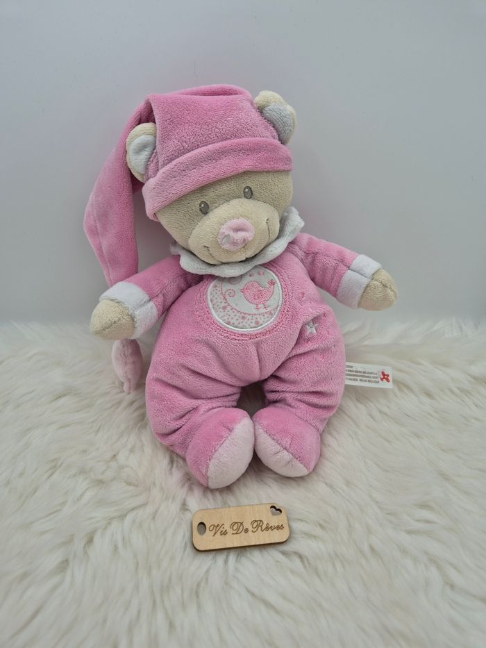 Doudou ours rose bonnet oiseau Nicotoy
