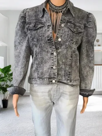 Veste jean Redial ,nuances de gris ,épaules froncés ,coupe droite , stretch