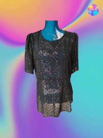 Blouse péplum noire cœurs et pois métallisés cuivrés