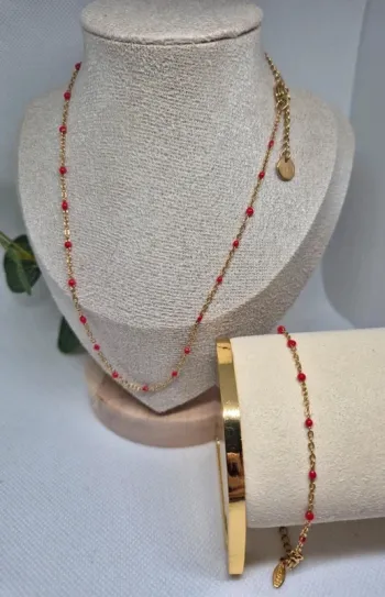 Parure lot de 2 bijoux en acier inoxydable style gigi  🌸 perles rouges