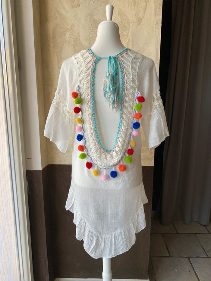 Tunique /robe blanche crochet pompons M/L - photo numéro 2