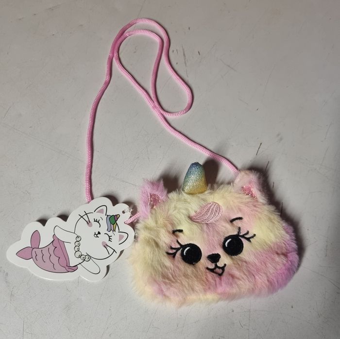 petite pochette bandoulière chat licorne fourrure rose et jaune neuf