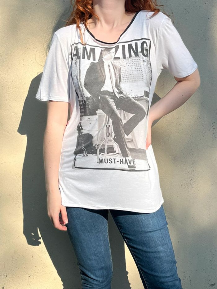 T-shirt long imprimé avec touches de strass - noir et blanc - photo numéro 2