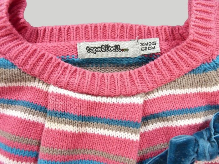 Robe manches courtes tricot rose bleu marron rayures Tape À L'oeil 3 mois 60 cm fille - photo numéro 2