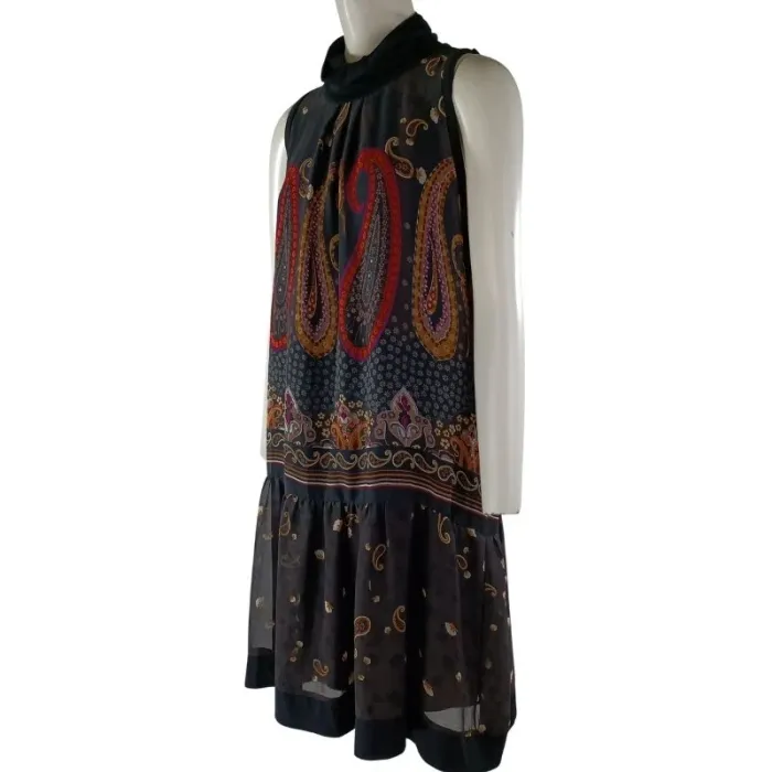 Robe Marron motif cashemire en voile avec doublure col roulé - Robe sans manches Taille M A1117 - photo numéro 2