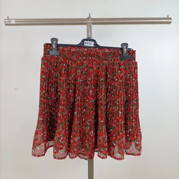 Jupe courte plissée Amisu fleurie rouge noir taille 38 fluide doublée élastique A1466