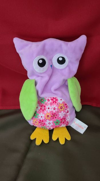 Peluche oiseau Lelebe hibou fleurs violet vert