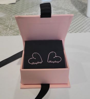 BOUCLES D'OREILLES COEURS INSCRIPTION PLAYBOY ARGENTE AVEC BOITE ! NEUF !