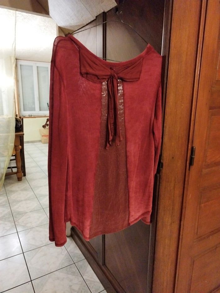 T-shirt top bordeaux sequin nœud dos y2k L/40 - photo numéro 3