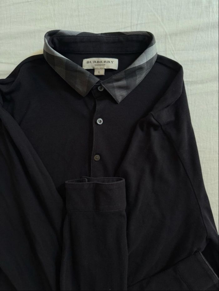 Polo Burberry noir col check – manches longues – taille L – authentique