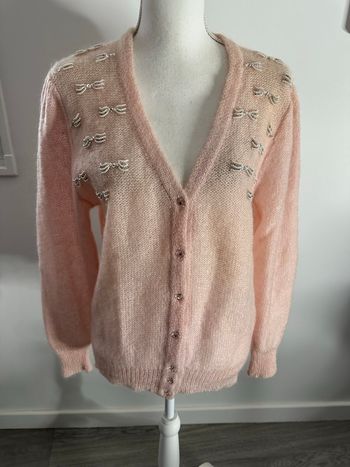 Cardigan rose poudré en kid mohair et perles Vintage T42 XL