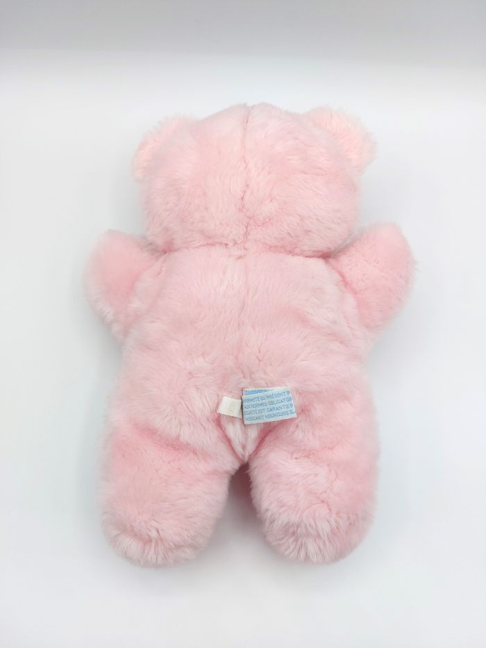 Ancien doudou peluche ours rose TARTINE ET CHOCOLAT VINTAGE 30 cm yeux bleus dur rayures - photo numéro 3