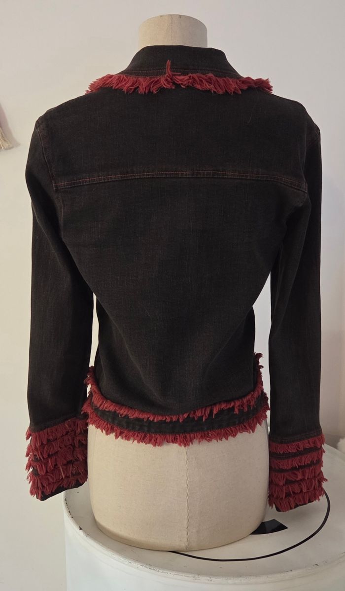 FRANCK L. PARIS – Veste Denim Noir & Rouge à Franges – Taille M (38/40) – Excellent État