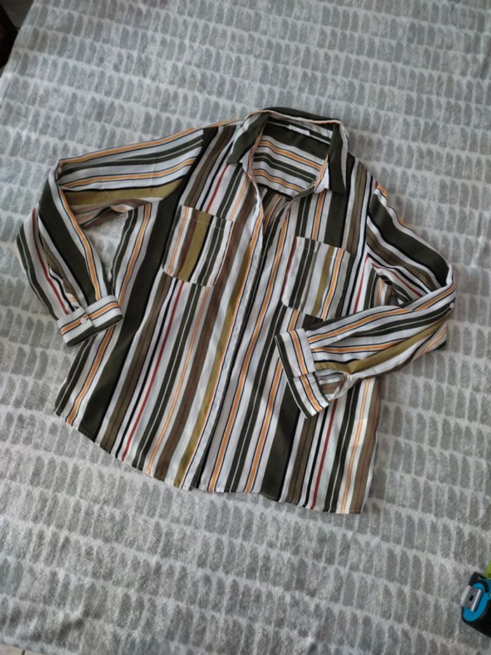 Chemise manches longues rayures blanc vert jaune cache cache taille 42 - photo numéro 1