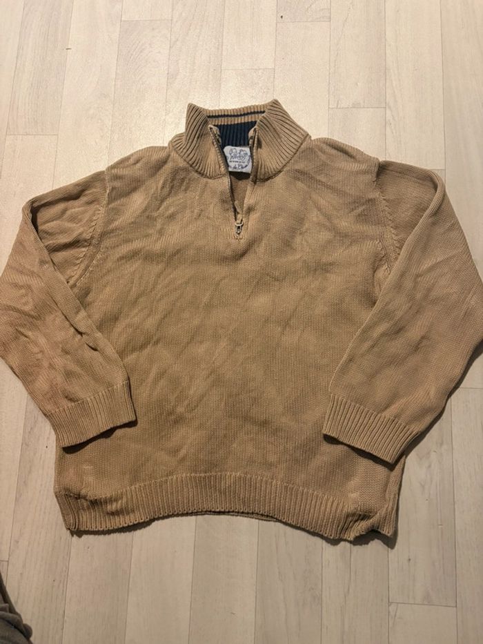 Pull beige marron 8 ans premier de classe fermeture éclair au col devant