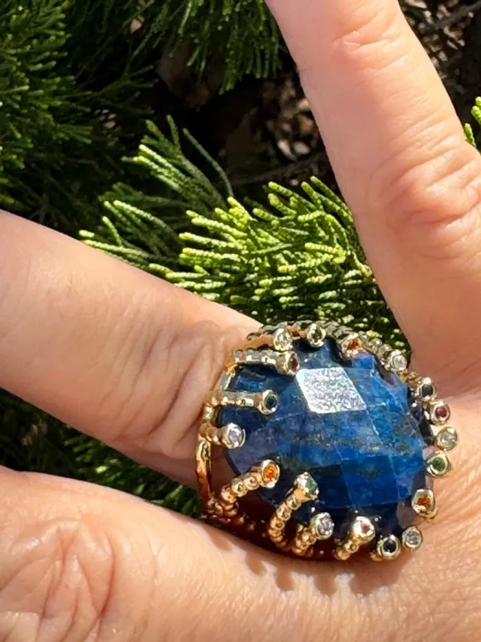 Grosse habaha Paris acier inoxydable or tige cristaux couleurs et pierre véritable lapi lazuli - photo numéro 7
