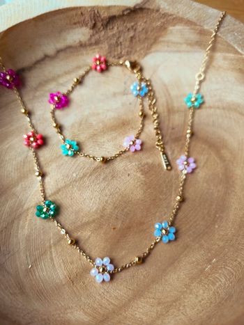 Ensemble collier + bracelet fleurs cristal coloré doré - acier inoxydable - bijou tendance 