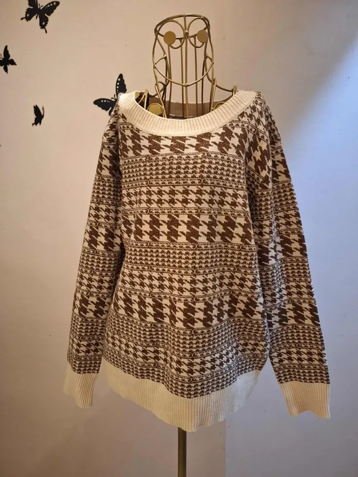 Pull crème / marron & imprimé pied de poule