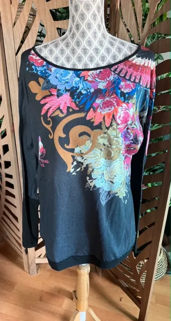 Blouse tunique SMASH fluide noir gris motif à fleurs coloré taille XL extensible