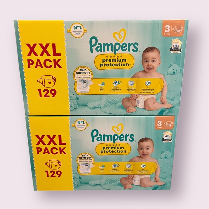 Lot de 2 XXL Pack de 129 (donc 258) couches Pampers Premium Protection [taille 3 : 6 à 10 kg]