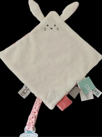 ❤️B5297 Doudou Plat Lapin Blanc Rose Étoiles Obaibi Okaïdi Obaïbi