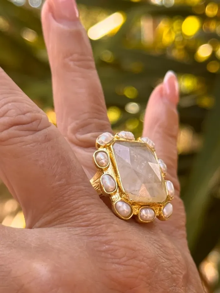 Grosse bague habaha Paris cristal de roche pierres eaux douces  acier inoxydable or réglable - photo numéro 8