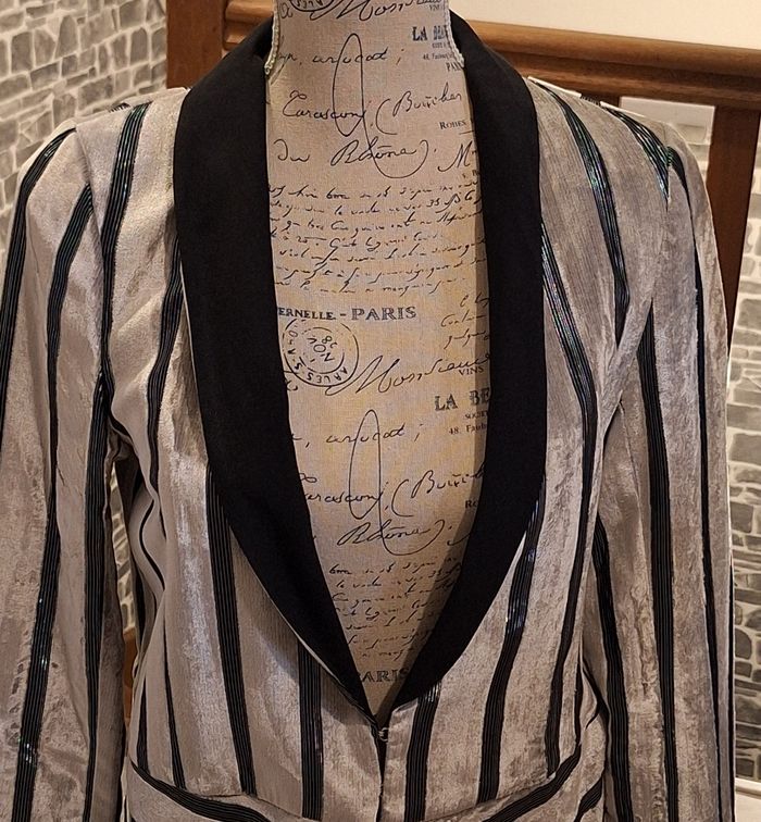 Magnifique blazer argenté et noir à rayures brillantes idéal pour les fêtes - photo numéro 2
