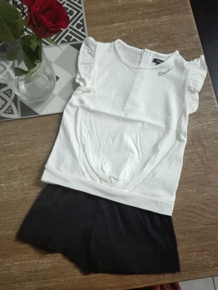 Ensemble pyjama short t-shirt bébé fille 12 mois neuf blanc marine volants