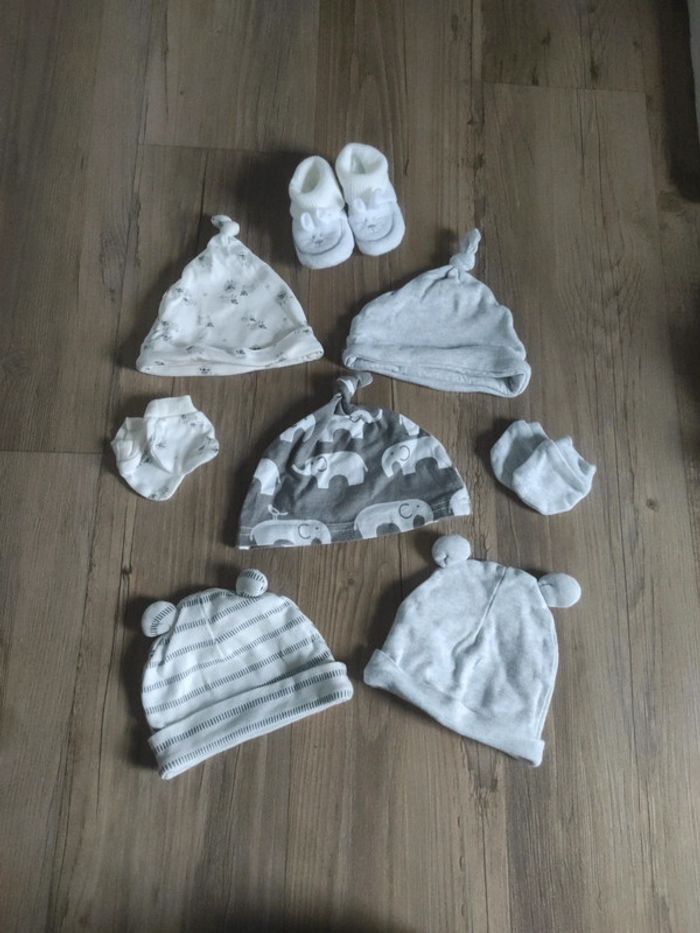 Lot 5 Bonnets + 5 Paires Gants Anti-Griffures Bébé 0-6 Mois – 100% Coton Doux (Gris)
