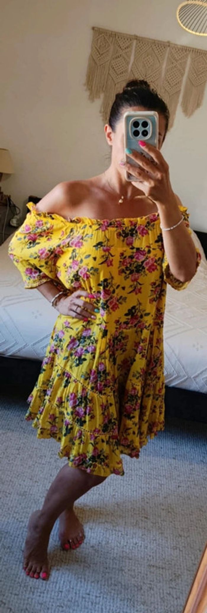 Robe bobo chic Rhum Raisin T3 jaune fleuri épaules dénudées 100% coton - photo numéro 2