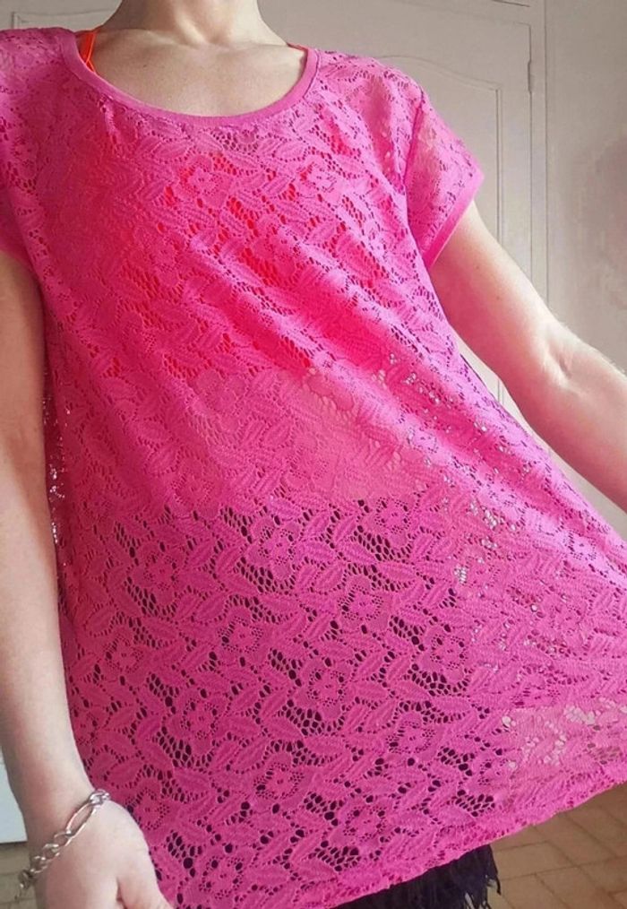 💓Tee shirt dentelle sexy femme rose ajourée fleurie neuf t l 40 - photo numéro 6