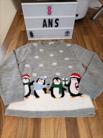 Pull chaud Noël gris pailleté pingouins 8 ans