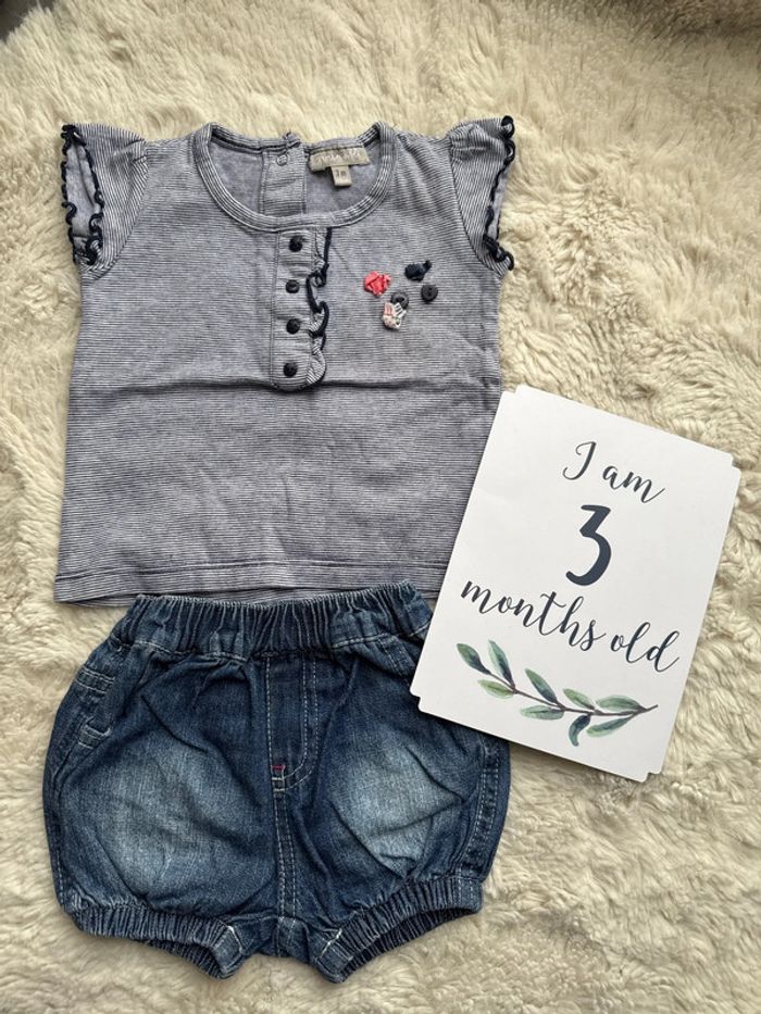 Ensemble short petit cœur en jeans early days et haut grain de blé 3 mois