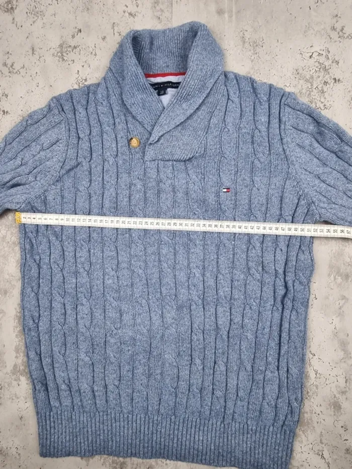 Pull torsadé col châle Tommy Hilfiger bleu clair, L Hommes (mesures en photos) - photo numéro 10
