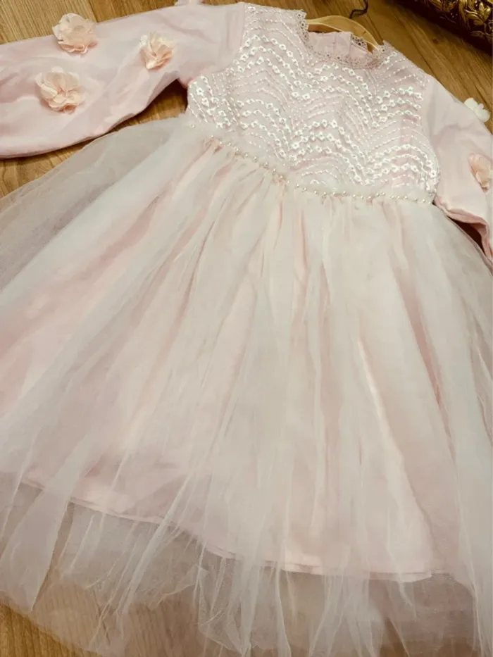 Taille 8 ans robe à manches longues cérémonie fille rose pale * fleurs broderie tulle * 💕 - photo numéro 5