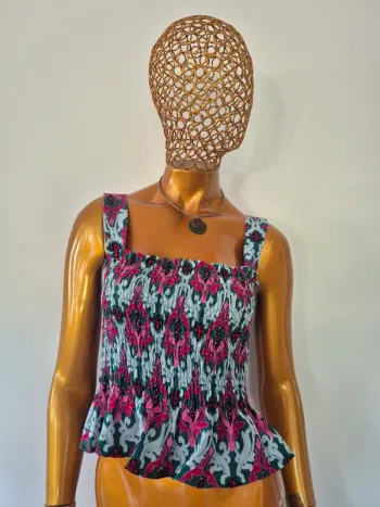 Top Court Plissé Vert et Fuschia Femme Taille L/40