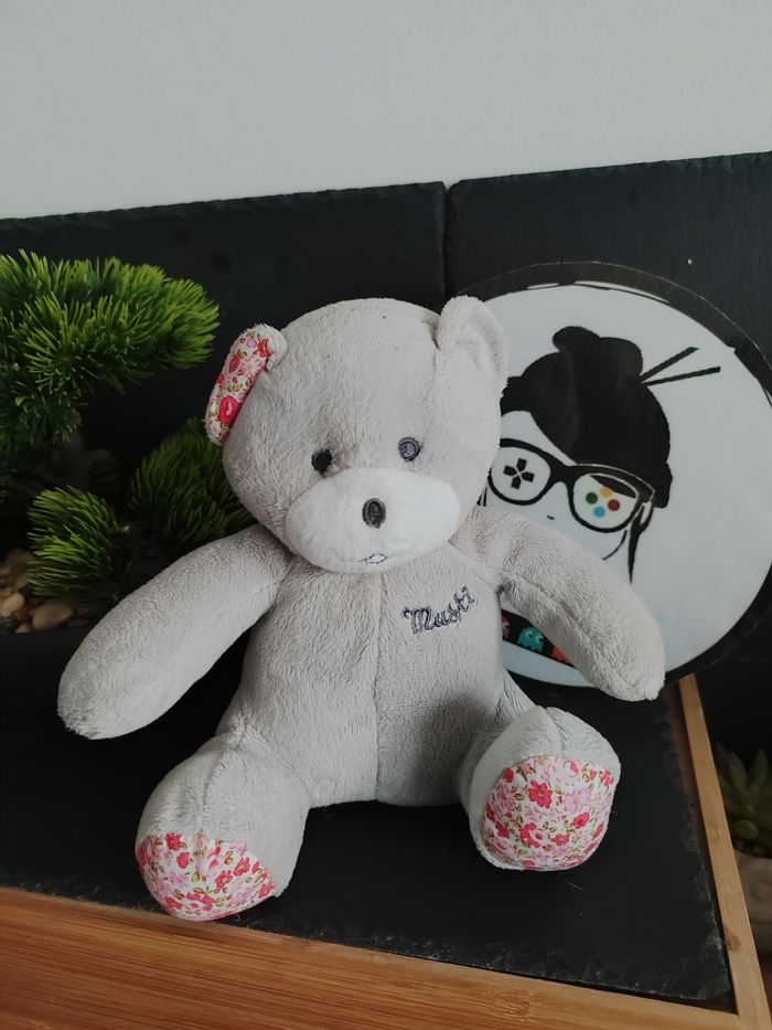 peluche Doudou ours pantin Musti mustela blanc gris rose fleur Rouge DD000067