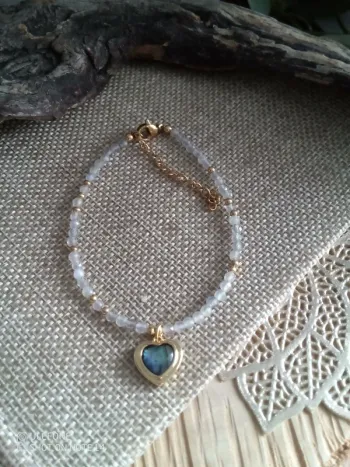 Bracelet pierres de lune et pendentif coeur ormeaux abalone