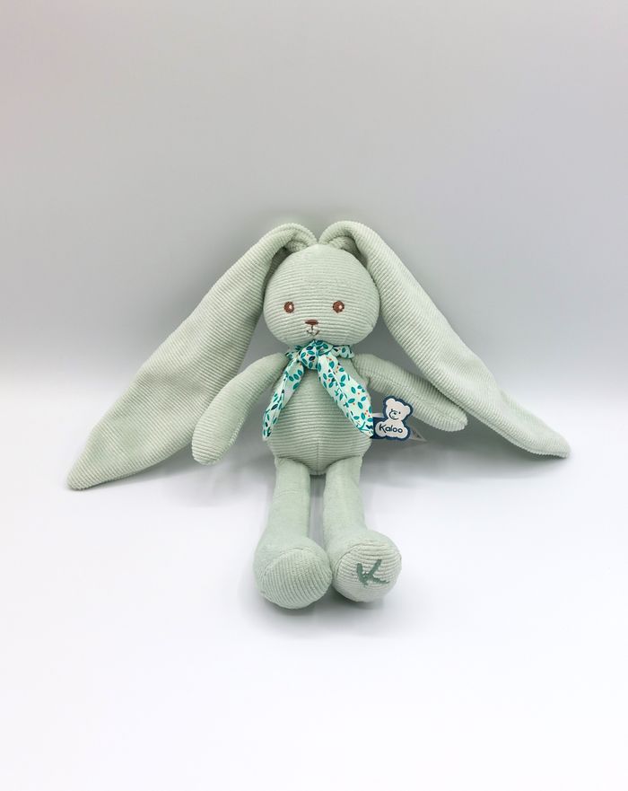 Peluche doudou Lapin Vert KALOO Pantin Lapinoo Foulard Feuilles lune 25 / 45 cm grandes oreilles