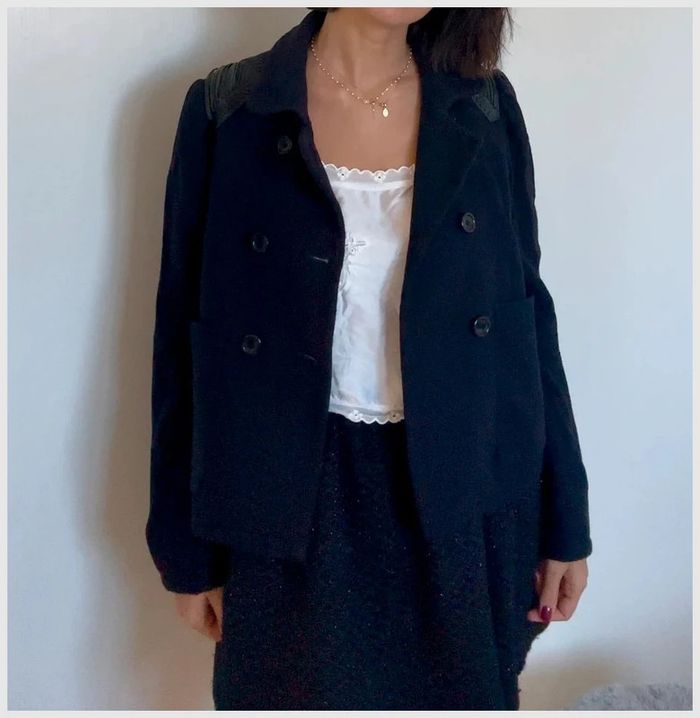 Manteau caban bleu marine laine et détails cuir - Maje - taille 38 - photo numéro 8