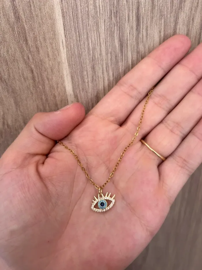 Collier œil protecteur en acier inoxydable plaqué or 18k et zircons - photo numéro 5