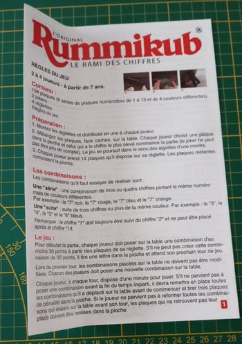 Notice règle du jeu seule pièce détachée L'original Rummikub chiffres M&M Ventures 2014 #E31