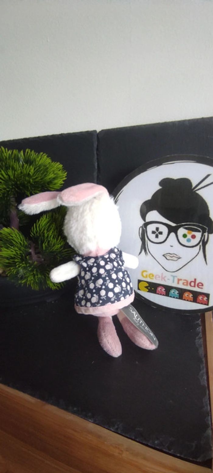 doudou peluche lapin blanc sauthon fleur robe bleu rose violet - photo numéro 2