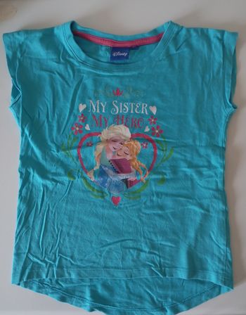 Tee-shirt, 5;ans , manches courtes, coton turquoise ,imprimé ,paillettes , Disney Reine des Neiges. Très bon état