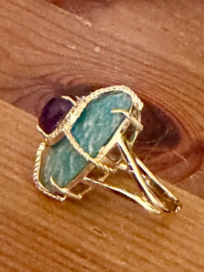Grosse bague habaha Paris acier inoxydable or jade vert améthyste zircons réglable - photo numéro 4