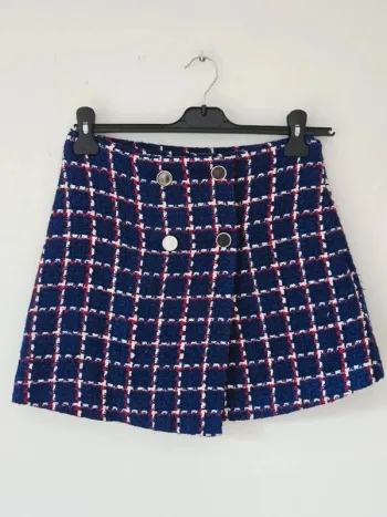Mini-jupe bleue marine quadrillée en tweed Mango taille 38 / M