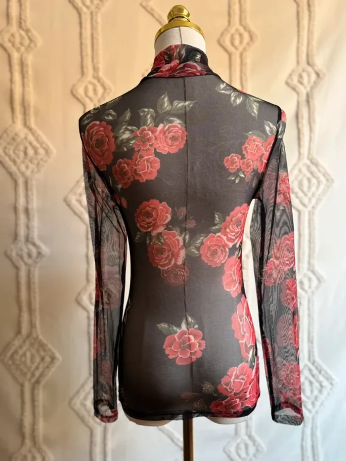 Top col montant en mesh noir transparent à fleurs rouges – style grunge Y2K 36/38 - photo numéro 5